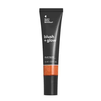 Tubo preto de blush líquido coral com texto branco