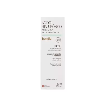 Embalagem branca de sérum de ácido hialurônico Botik 30 ml com texto em castanho e dourado.