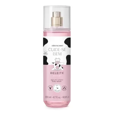 Frasco de body splash rosa com spray e rótulo decorado com vaca