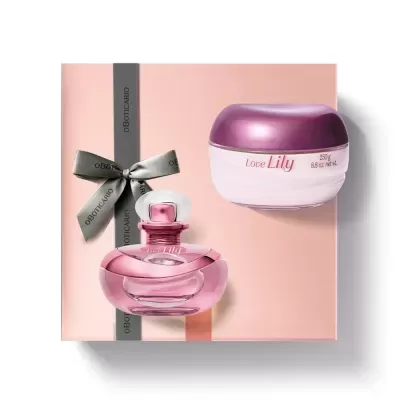 Conjunto presente Love Lily com frasco de perfume e pote de creme dentro de caixa rosa clara com fita cinza OBoticario