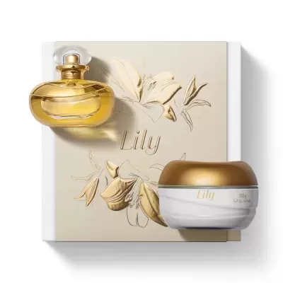 Frasco de perfume e creme hidratante Lily com embalagem dourada e branca