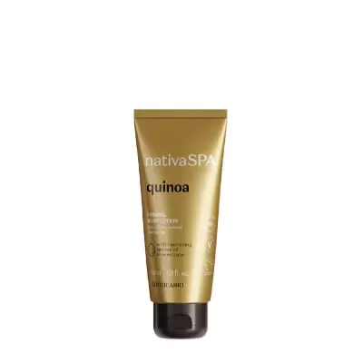 Frasco dourado de loção corporal nativa SPA quinoa com tampa preta