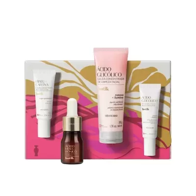 Produtos de cuidados faciais oBoticário organizados numa caixa decorativa com padrão dourado e rosa