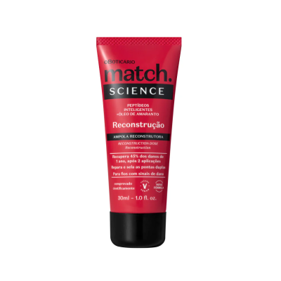 Tubo vermelho e preto de ampola reconstrutora Match Science O Boticário 30ml