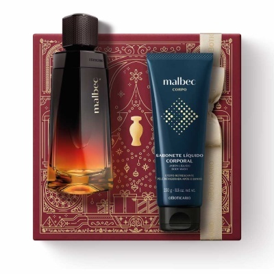 Conjunto de perfume Malbec e sabonete corporal em caixa vermelha decorativa