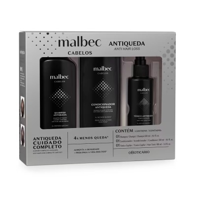 Conjunto care completo Malbec Cabelos Antiqueda com shampoo, condicionador e tónico em embalagens pretas na caixa cinza.