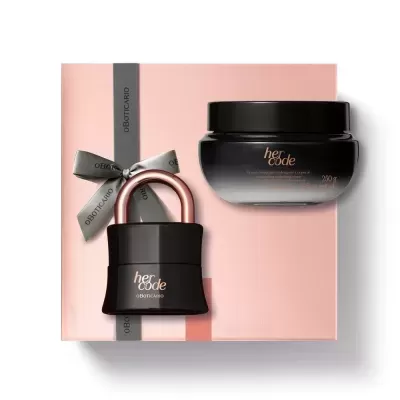 Conjunto de cosméticos her code com embalagem em forma de cadeado e pote, caixa cor de rosa com laço cinzento