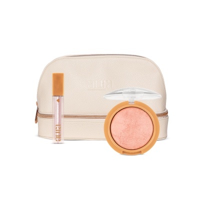 Conjunto de maquilhagem com necessaire bege, batom gloss rosa claro e pó compacto pêssego