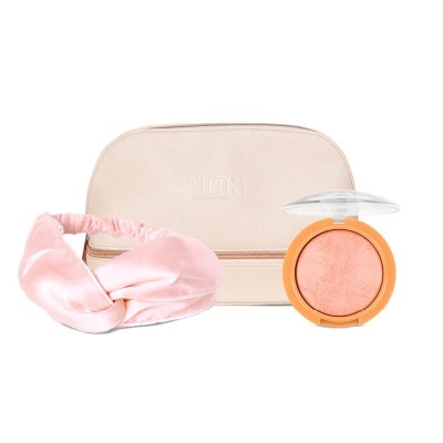 Set de maquilhagem com necessaire bege, faixa de cabelo rosa e blush salmão