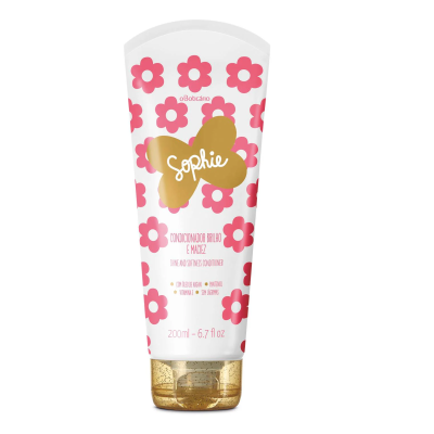 Condicionador brilho e maciez Sophie em tubo branco com flores cor-de-rosa e tampa dourada