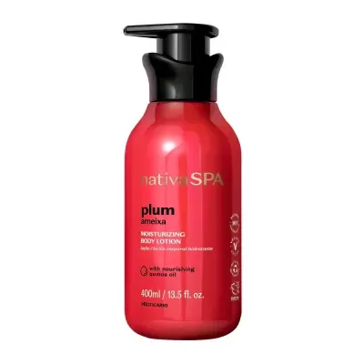 Loção corporal hidratante nativa SPA plum ameixa em embalagem vermelha com tampa negra.
