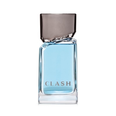 Frasco de perfume azul com tampa preta e texto CLASH