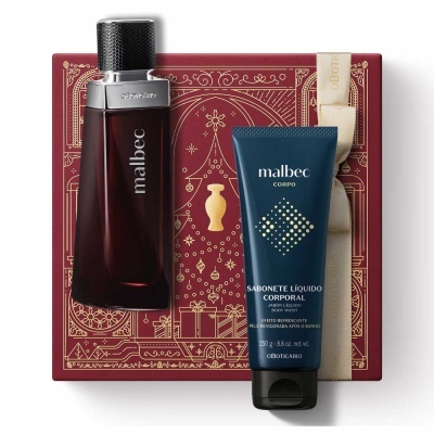 Conjunto de perfume e sabonete líquido Malbec da marca O Boticário com embalagem decorada.