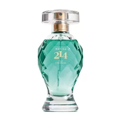 Frasco de perfume verde azulado facetado com pulverizador dourado e texto BOTICA 214 FIJI PARADISE