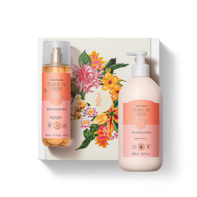 Conjunto de produtos corpo Cuide-se Bem Pessegura em embalagens rosas com caixa floral