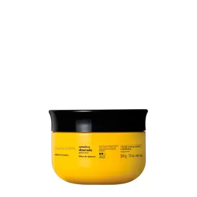 Pote amarelo de creme esfoliante corporal com tampa preta e texto em português e espanhol.