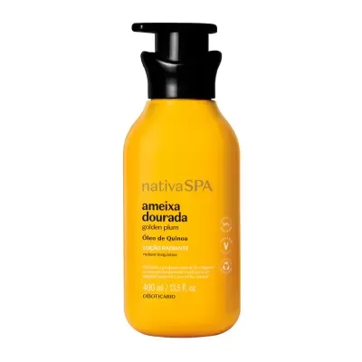 Frasco amarelo de óleo corporal Nativa SPA ameixa dourada com tampa pump preta