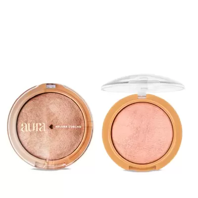 Dois pós compactos de maquilhagem em embalagem redonda cor de caramelo com tampa transparente