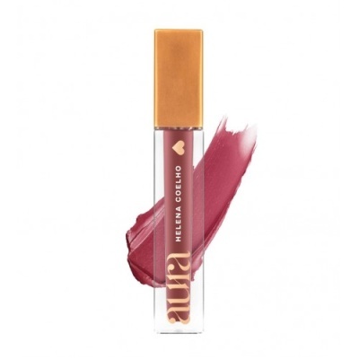 Batom líquido mate Aurora de Helena Coelho com tampa castanha e embalagem transparente