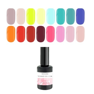 Garrafa de verniz gel com várias cores de verniz gel mostradas em amostras