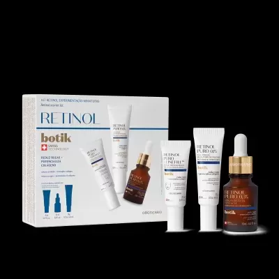 Kit de miniaturas de retinol botik em embalagem branca com produtos creme e sérum