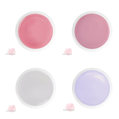 Quatro potes transparentes com gel para unhas em várias cores