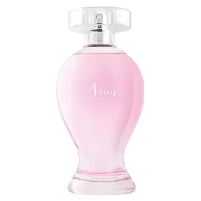 Frasco de perfume rosa com tampa transparente e texto 'Anni'