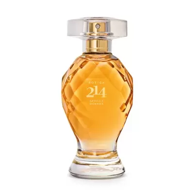 Frasco de perfume âmbar com tampa transparente e texto BOTICA 214 SEVILLA DORADA