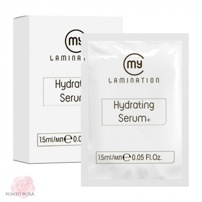 Soro hidratante Hydrating Serum+ da My Lamination em embalagem branca com texto preto e caixa ao fundo