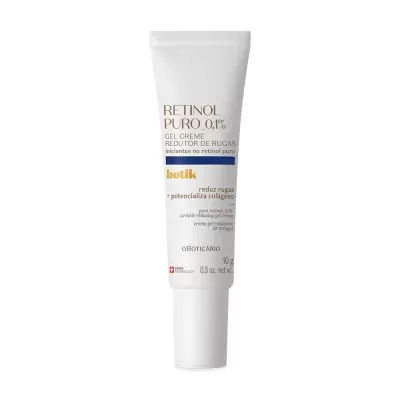 Tubo branco de gel creme anti-rugas RETINOL PURO 0,1% da marca botik O BOTICÁRIO