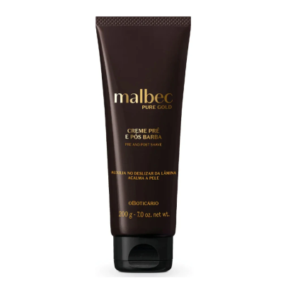 Tubo castanho escuro de creme para barba Malbec Pure Gold com texto dourado