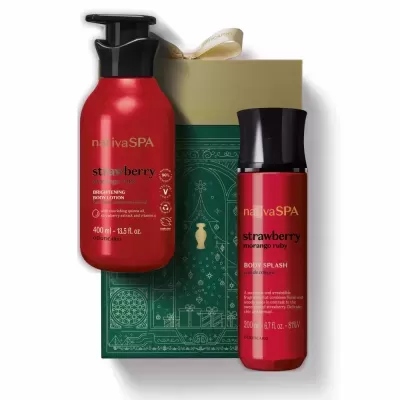 Conjunto de produtos spa morango vermelho com caixa verde decorada