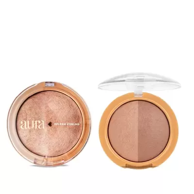 Duas maquilhagens compactas redondas em dourado com tampa transparente