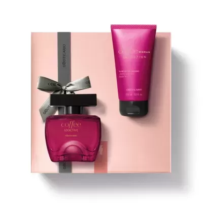 Conjunto perfume e sabonete líquido oBoticário em tons rosa e preto