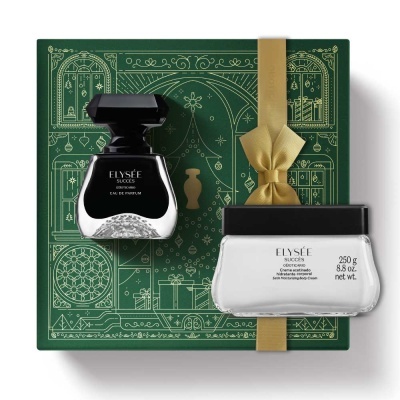 Conjunto ELYSÉE SUCCÈS com Eau de Parfum preto e creme corporal branco em caixa verde decorada com laço dourado