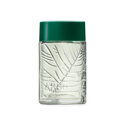 Frasco transparente com gravura de folhas e tampa verde