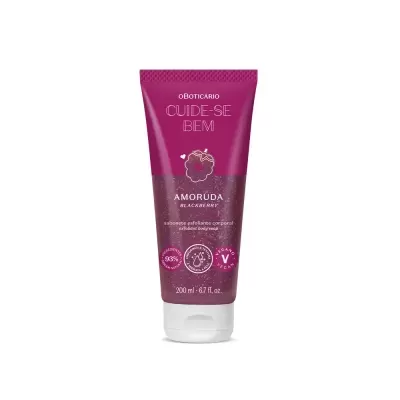 Tubo roxo e branco de sabonete esfoliante corporal Amorada Blackberry da marca oBoticário.