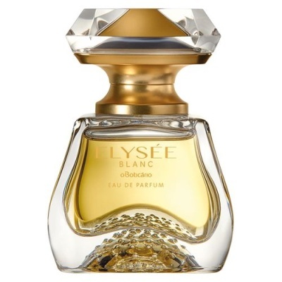 Frasco de perfume LYSÉE BLANC oBoticário com líquido amarelo dourado e tampa transparente e dourada