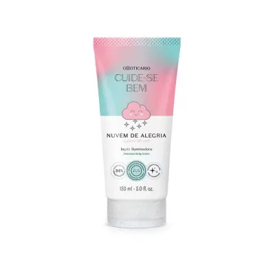 Loção iluminadora oBoticário Cuide-se Bem Nuvem de Alegria em embalagem rosa e azul pastel
