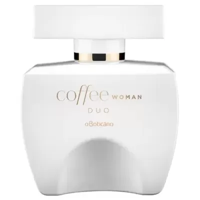 Frasco branco de perfume Coffee Woman Duo da O Boticário com texto dourado
