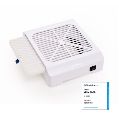 Aspirador de pó para unhas branco com filtro removível e selo VERY GOOD da Vergleich.org