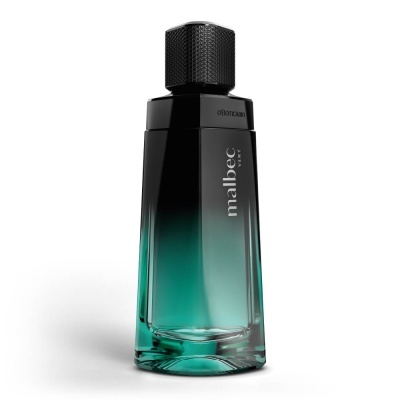 Frasco de perfume Malbec Black da O Boticário em vidro transparente com gradiente verde-azulado para preto