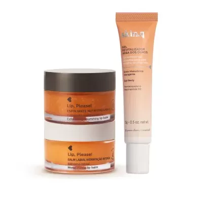 Frascos de esfoliante e bálsamo labial e tubo de gel revitalizador para área dos olhos