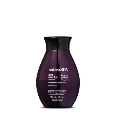 Frasco roxo escuro com óleo em gel hidratante Nativa SPA uva Merlot