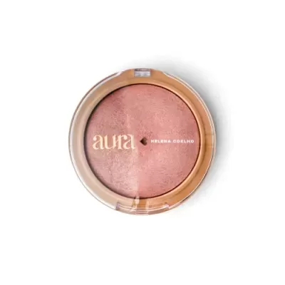 Blush compacto rosa em embalagem redonda transparente com borda dourada