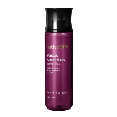 Frasco roxo translúcido com tampa preta do body splash nativaSPA rosas secretas.