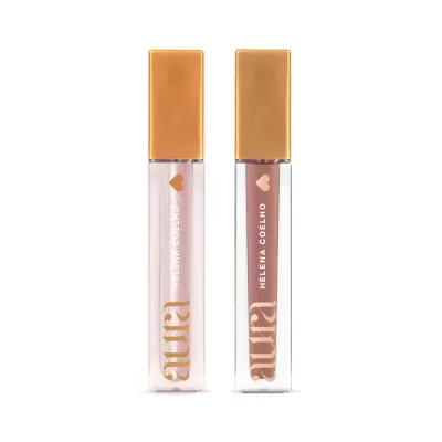 Dois glosses labiais Aura Helena Coelho com tampa dourada e líquidos rosados.
