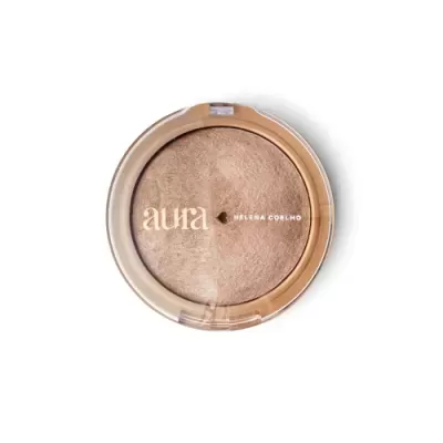 Pó bronzeador compacto com tampa transparente e texto dourado