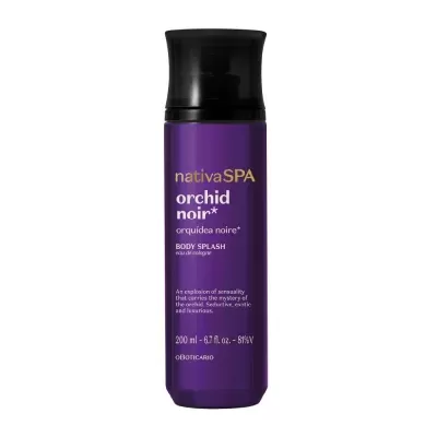 Frasco roxo de body splash Nativa SPA Orchid Noir com tampa preta