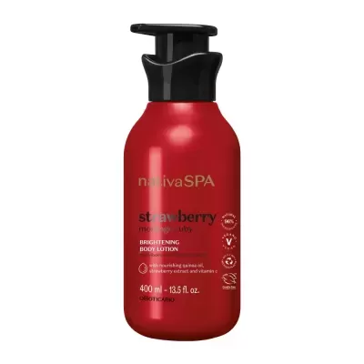 Frasco vermelho de loção corporal Nativa SPA strawberry com tampa preta dispensadora.